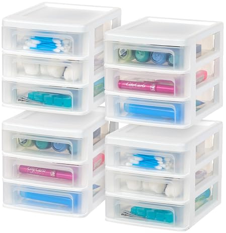 IRIS USA Small 3-Drawer Desktop Organizer, 4 Pack, Stackable, for Office, School, Stationery, Makeup Organizer, Bathroom, Utility, Medical Supplies, Desk Organizer, Versatile Storage, White