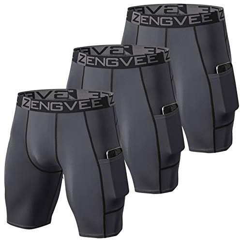 ZENGVEE 3-pack kompressionsshorts för män, cool torr löpning, baslager, shorts med telefonfickor för löpning, träning, träning, gym, Grått, S