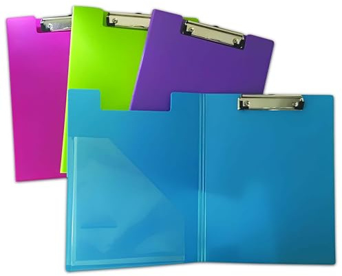 SECO A4 Foldover Clipboard | Pack of 4 | Assorted Colour Document Holders (Pink, Blue, Green, Purple) | Protective Cover Writing Board for Office, School & Home Use