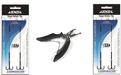 Set: 2 Packungen (4 Stück) Jenzi Stück Stinger VORFACH Rig 7x7 ANGSTHAKEN Hakengröße 1, 15kg, 11 cm + gratis Angelschere