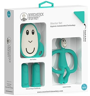 Matchstick Monkey Beißring Starter Set 3 teilig - Baby Zahnungshilfen - für wundes Zahnfleisch - Silikon - BPA-Frei - Tiermotiv, Gesicht, Fingerzahnbürsten (Affe grün)