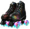 Gelory Unisex Roller Skates Double Raw Four Wheels Classic High-top PU Leather Lighting Roller Skates Shoes for Beginner Womens Mens Boys Girls Indoor and Outdoor (Lightning Black Flash Wheel,41)