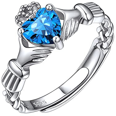 Anillo de Compromiso Claddagh Celta Corazón Piedra Turquesa Azul Zirconia Cúbica Anillo Fino Céltico Mujer Plata de Ley 925 Joyería Irlandesa de Amor Eterno