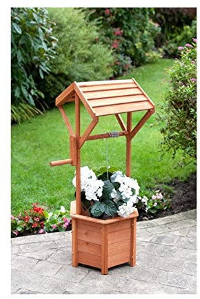 spot on dealz® Wishing Well Planter Free Standing Plant Troughs Barrel Outdoor Display Flower Ornament Lawn Porch Decor Wooden Design Decorative Garden Feature