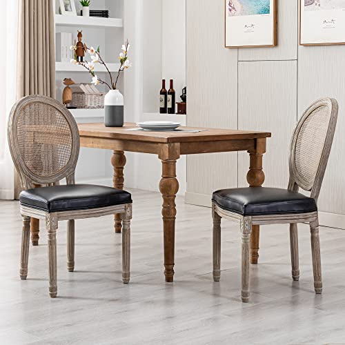 DM Furniture Farmhouse Leather Dining Room Chairs Set of 2 French Dining Chairs with Round Rattan Back French Bistro Chairs for Dining Room/Living Room/Kitchen/Restaurant, Black