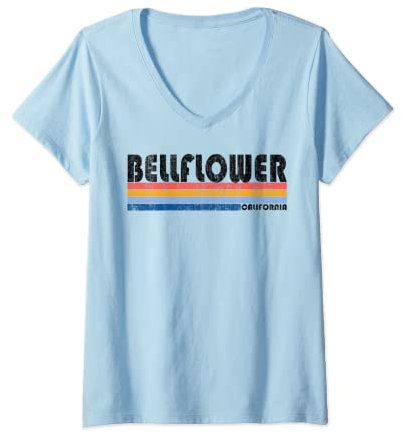 Damen Vintage 70er 80er Jahre Stil Glockenblume, Kalifornien T-Shirt mit V-Ausschnitt