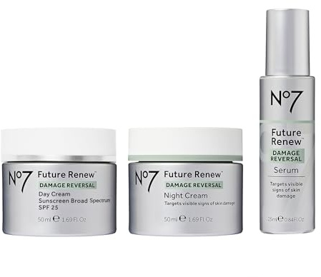 No7 Future Renew Damage Reversal Skincare Set - Anti Aging Face Serum (.33 Fl Oz), Day Cream with SPF 25 (1.69 Fl Oz) & Night Cream (1.69 Fl Oz) - Reverses Visible Signs of Sun Damage - 3-Piece Set