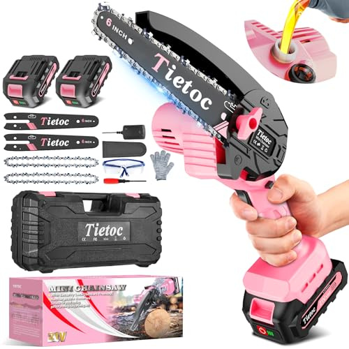 Tietoc Mini Chainsaw 6 Inch Cordless [With 2Pcs 21V Batteries] [2024 Upgrade] Portable Electric Chain Saw, Small Handheld Battery Powered Super Saws for Tree Branches, Courtyard & Garden (Pink)