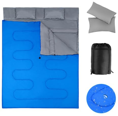 SOARS Sac de couchage double pour 2 personnes, avec 2 oreillers et sac de transport, imperméable, pour adulte, pour l'extérieur, le camping, la randonnée, les voyages (bleu)