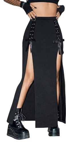 Verdusa Women's Buckle Split Thigh High Waist Clubwear Punk Loose Maxi Skirt Black Tie Large