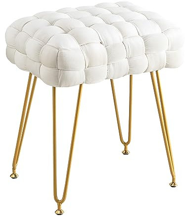LUE BONA Samt Sitzhocker,Schminktisch Hocker,Rechteckiger Gepolsterter Hocker Metallbeine,Beige