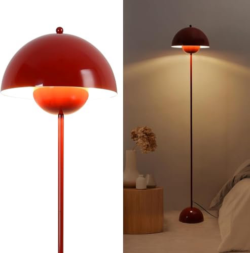 Alpinaluz Lampada da Terra in Metallo con Paralume Bombato – Design Retro Nordico – Luce Indiretta Verso il Basso – E27 – Interruttore a Pedale – Per Salotto e Interni (Rosso)