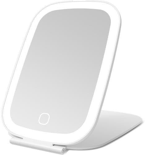 NEZZOE Rechargeable Travel Makeup Mirror with LED Lights, Portable Folding Light up Mirror, 3 Color Lighting, Touch Screen, Ultra Thin, 7.5 inch