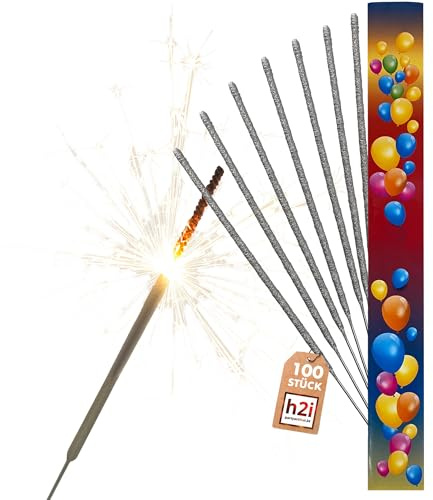 h2i Wunderkerzen | 100 Stück | 18 cm | Brenndauer ca. 35 Sek | Geburtstagskerzen Sprühkerze Spritzkerze Sternenspritzer und Funkenzauber für Party Hochzeit Silvester Geburtstag | c | Kat F1