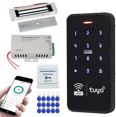 ReaIOKbii Tuya Kit de contrôle d'accès étanche pour l'extérieur sans fil WiFi RFID avec mot de passe clavier tactile rétroéclairé + 15 porte-clés 125 kHz + serrure électromagnétique 180 kg + bloc