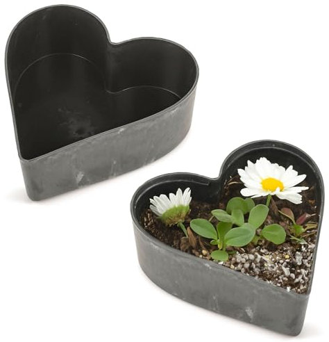 Lot de 2 pots de fleurs en forme de cœur résistants aux intempéries pour l'extérieur - 22 cm - Noir marbré