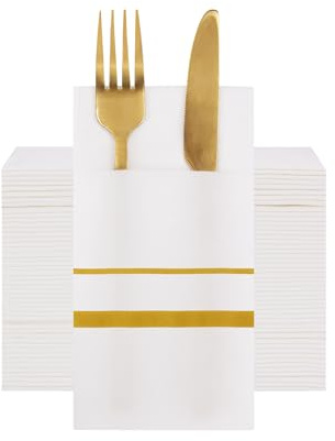 VANHEON Disposable Napkins,Linen-Feel Prefolded for Gold Paper Serviettes | 50 Pack, Linen Feel Cloth Like, Built-in Flatware Pocket, Air Laid Technology, Gold Straight, for Wedding Party, 16 x 16
