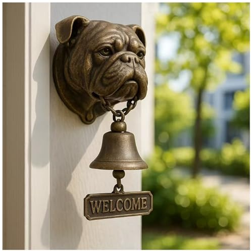 JSvsza Cloche de Bienvenue pour Chien, Cloche de Porte Vintage en Laiton avec Sculpture de Chien réaliste, Cloche Murale Rustique pour entrée de Maison, Portail de Jardin, Magasin, terrasse, Bulldog