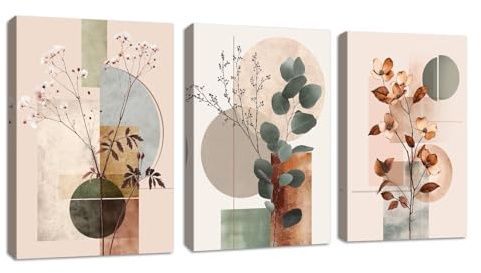 3Pcs Beige Geométrico Abstracto Marcos Con Modernos Cuadros Decoracion Botánico Algodón Eucalipto Hoja Cuadro y Láminas Plantas Floral Lienzos Decorativos Hogar Para Comedor Salon Dormitorios 40X60cm
