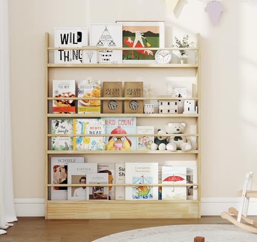 MYOYAY Estantería para niños detrás de la puerta, estantería de suelo para montaje en pared, organizador de 4 niveles para juguetes y libros, estantería estrecha de madera maciza para dormitorio, sala