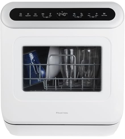 Russell Hobbs Table Top Dishwasher Mini Compact with 3 Place Settings, LED Display, Touch Control, 6 Programmes, Portable & Efficient, Self-Cleaning Function, No Plumbing in White RH3TTDW0D1W