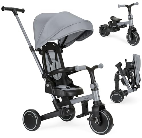 KikkaBoo 8-i-1 ALUMA Trehjuling, Hopfällbar Evolutionär Barnvagn, Vändbar Sittplats, Justerbar Kappa, Aluminiumram, 5-punktsbälte, Barncykel 1–5 år, Grå
