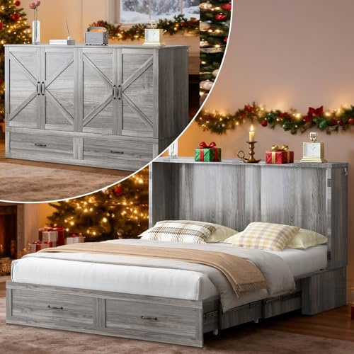 CECER Murphy Bed Queen with Memory Foam Mattress，Multi-Functional Queen Size Murphy Bed with Charging Station and Storage Drawers for Small Spaces/Bedroom，Easy Assembly（Grey）
