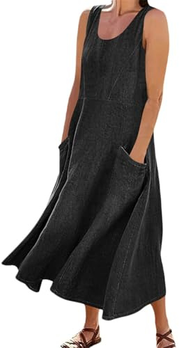 Générique Robe Robe Longue décontractée en Jean sans Manches Coupe Ample col Rond idéale Quotidien été élégante Femme