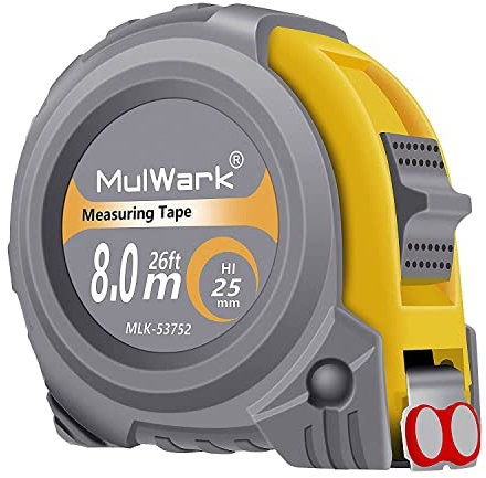 MulWark 8m/26ft Measuring Tape Measure | Metric & Imperial Dual Scale | Magnetic Hook & Wide Blade | Both-Side Metal Blade | Shockproof Case | for Construction, Carpentry & DIY