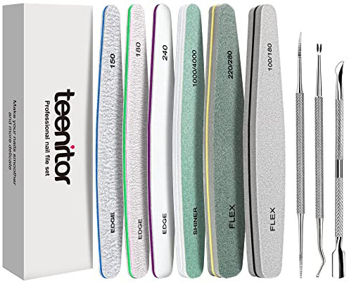 Teenitor Emery Boards Nail Files with Toenail Lifters & File Set,6pcs Professional Nail Buffer Block with Cuticle Pusher, Toenail Lifter & Nail Cuticle Fork, 100/180/240 Grit Nail Shiner for Polishing