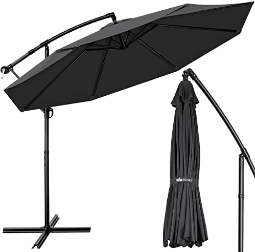 tillvex Alu Sonnenschirm + Abdeckung Ø 300 cm mit Kurbel | Ampelschirm mit Ständer & Windschutz | Gartenschirm UV-Schutz Aluminium | Kurbelschirm Marktschirm wasserdicht 360° drehbar Anthrazit