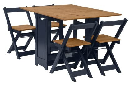 Drop Leaf Dining Table 4 Chairs Extendable Extending Wooden Furniture Small Space Saving Breakfast Pine Top Folding Away Fold Out Kitchen Stools Farmhouse Kitchen Butterfly Dining Set Pine & Blue