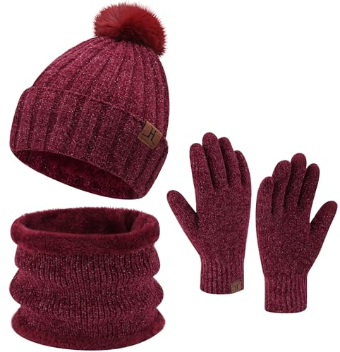 ZASFOU Damen Winter Beanie Mützen Schal Touchscreen Handschuhe Set Chenille Strick Wintermütze Winterhandschuhe Loop Schal,Weinrot