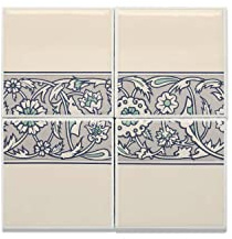 Lot x4 Carreaux Céramique Décoratif 10,8 x 10,8 cm - Frise Floral Vintage Motif Art Nouveau Ornament (Taille totale 21,6 x 21,6cm)