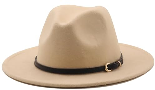 HEYANN Fedora Hut Damen mit breiter Krempe Filzhut Herren Klassische mit Gürtelschnalle Filz Unisex Trilby-Hut Herren Panama Jazz Huts für Damen (L, Beige)