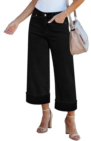 GRAPENT Women's Trendy Stretch Ankle Cropped High Waist Mom Jeans - True Black, XXL/22