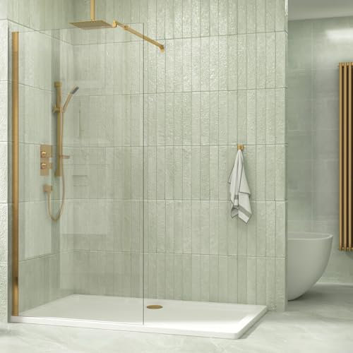 Brushed Brass 760mm Wet Room Walk in Shower Screen with 8mm Clear Easy Clean Safety Tempered Glass Panel & Stainless Steel Support Bars Shower Enclosure Cubicle 1850mm Height