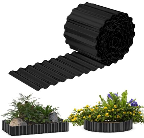 Bordure de pelouse en métal galvanisé ondulé de 20,3 cm x 6,1 m, bordures paysagères, longues bandes flexibles pour légumes, parterres surélevés, bordures d'arbres de fleurs – Noir