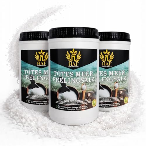 HAF® Premium döda havsskalningssalt för känslig och torr hud | 3 x 1 kg i burkar | saltpeeling 100 % naturlig ren från Jordanien för ansikte och kropp | kroppsskrubb för bastu, dusch och ångbad