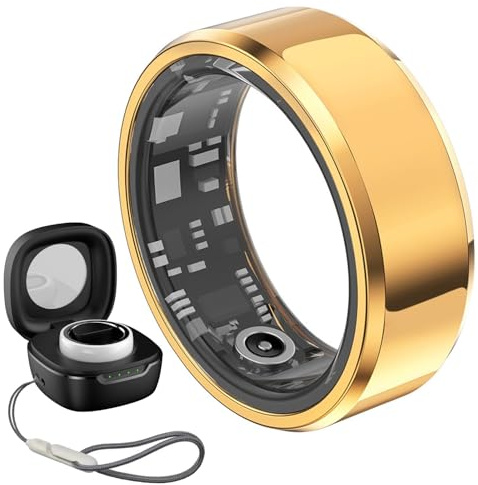 Smart Ring, 2024 ny Fitness Tracker-ring med laddningsfodral, IP68 vattentät, puls, blodsyre, sömnspårare, för kvinnor män(Gold,20.7 mm)