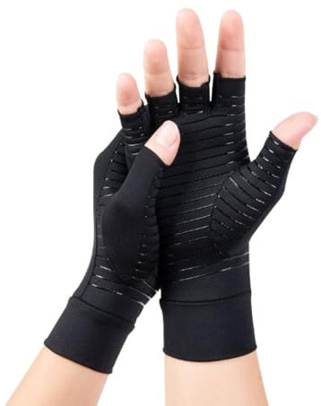 CUEMOON Doppelkupferhandschuhe Arthritis Kompressionshandschuhe zur Linderung rheumatoider Handschmerzen, Halbfingerhandschuhe, Schmerzlinderung und Aufwärmen (L)