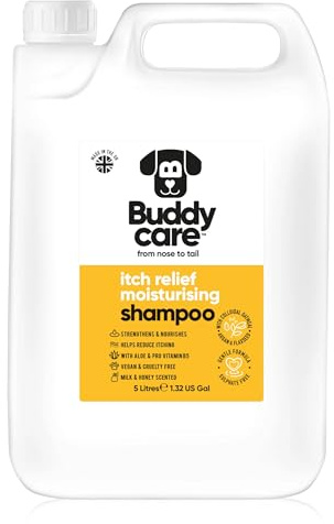 Shampoo Hydratant Anti-Démangeaisons pour Chien par Buddycare | Shampooing Nettoyant en Profondeur | Parfum Lait & Miel | À l’Aloe Vera et Pro-Vitamine B5 (5L)