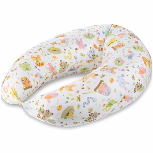 SMOOTHY® Stillkissen Schwangerschaftskissen XXL Premium Seitenschläfer-Kissen; Baumwoll-Bezug Schlafkissen & Lagerungs-Kissen für Mutter & Baby (Bunt Tiere, Bezug + EPS-Perlen Füllung)