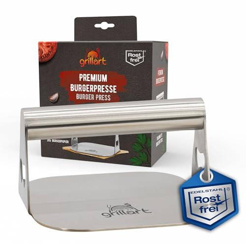 grillart® Prensa para hamburguesas prémium de acero inoxidable de alta calidad para hamburguesas, incluye 30 piezas de papel para hamburguesas, para plancha y teppanyaki, prensa de parrilla de acero