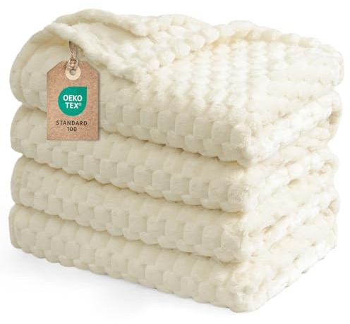 PHF Fleece Blanket Double Size 168x229cm, No Shedding No Pilling Soft Lightweight 3D Jacquard Sherpa Fleece Throw Blanket for Bed, Fluffy Cozy All Season Double Blanket, Jacquard Cream