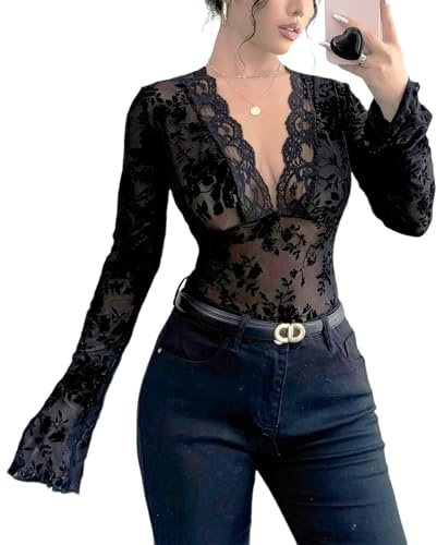 LEBOOBELL Camicetta da Donna con Maniche Campana Pizzo Motivo Floreale Maniche Lunghe Scollo a V Top Sexy Nero XL