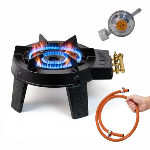 Réchaud à gaz en fonte 3 feux pour camping et extérieur, brûleur puissant pour wok et casseroles 20–36 cm, avec tuyau et détendeur