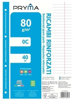 Pryma Ricambi Rinforzati FSC A4 – Confezione 5 Blocchi da 40 Fogli 80 g – Carta per Quaderni ad Anelli, Foratura Universale (Righe 0C)