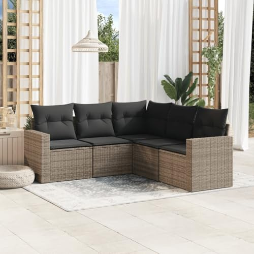 Runheo Salon de Jardin 5 pcs en résine tressée Gris avec Coussins modulables Amovibles canapé Fauteuil Pouf Angle Banquette siège extérieur terrasse Balcon Patio détente