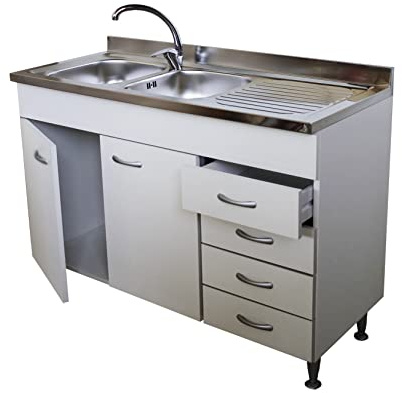 Arredobagnoecucine Mueble bajo lavabo blanco, 2 puertas+cajón derecho para fregadero 120 (no incluido)